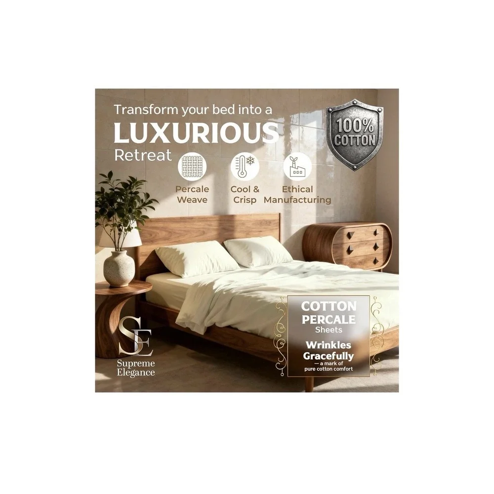 12N28/ SUPREME ELEGANCE 4 Pcs 100% Cotton King Size Sheets Set, Light Ivory, 400